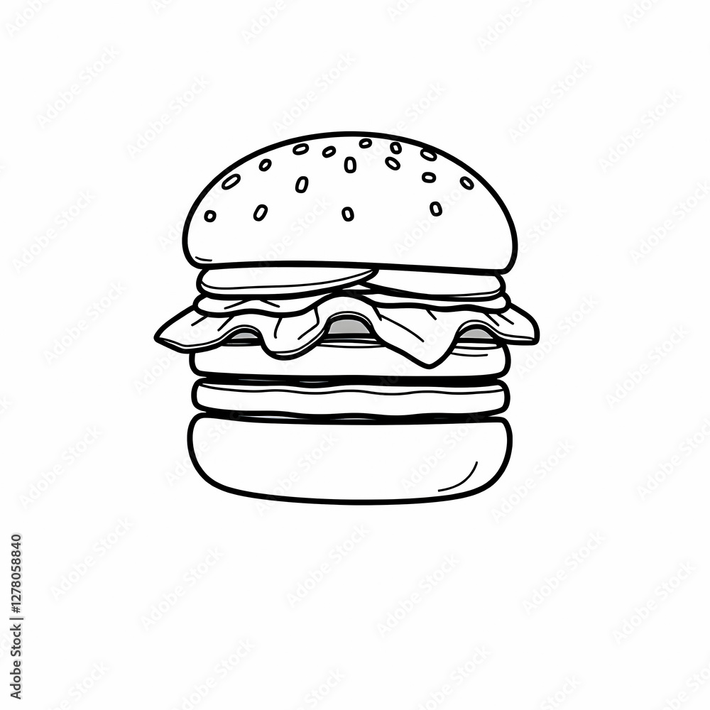 Hand Drawn Burger Simple Black and White Illustration Minimalist Style Thick Outlines Monochrome Sketch Fast Food Design