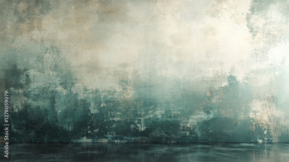 A weathered and textured wall with a reflective surface below A weathered and textured wall with a reflective surface below