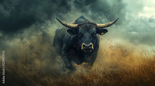 Powerful bull charging through a stormy rural field 
