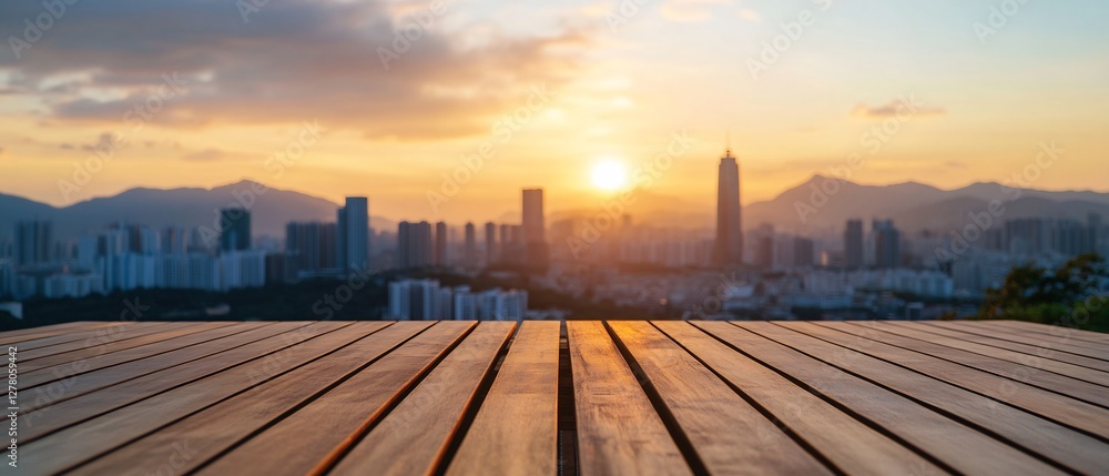 Wooden deck overlooks a cityscape with mountains during sunset. Travel use Wooden deck overlooks a cityscape with mountains during sunset. Travel use