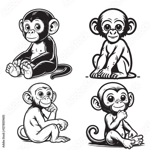 "High-Quality Cute Cartoonic Gibbon Sitting Pose Vector Illustrations"