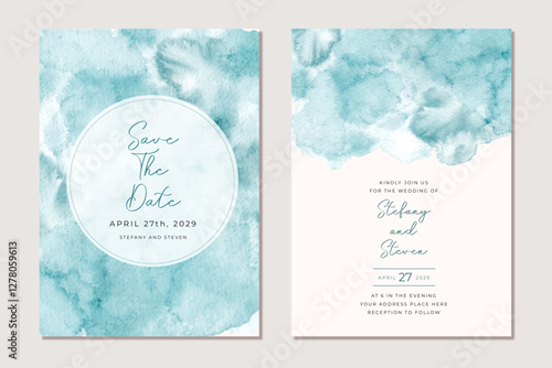 wedding invitation card with light blue abstract watercolor background