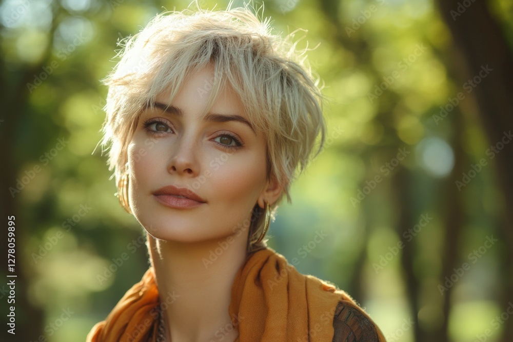 Bright garden portrait of a woman with short blonde hair enjoying a sunny day surrounded by lush greenery and soft light Bright garden portrait of a woman with short blonde hair enjoying a sunny day surrounded by lush greenery and soft light
