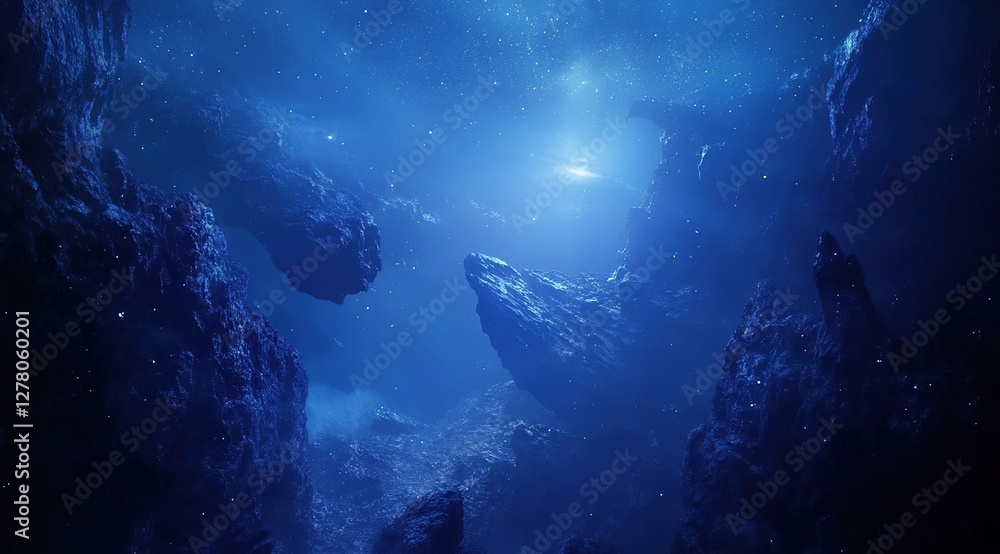 Fototapeta premium Exploring Deep Space: Asteroid Field Navigation and Celestial Wonders in a Dark Nebula