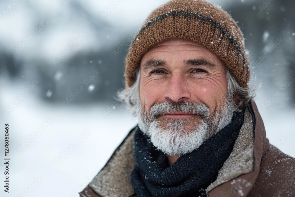 Elderly man smiling warmly in snowy landscape during winter afternoon in nature Elderly man smiling warmly in snowy landscape during winter afternoon in nature