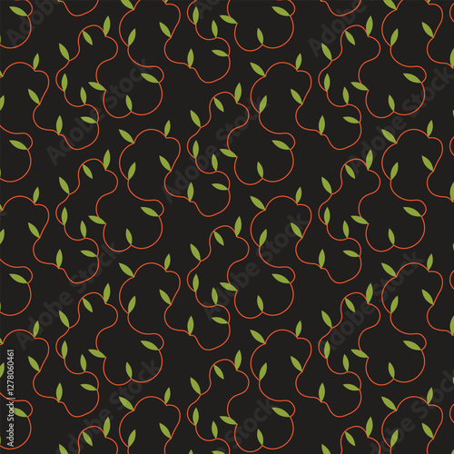 Vector seamless pattern green leaves and flowing coral or orange lines on a dark gray or black background. Illustration.