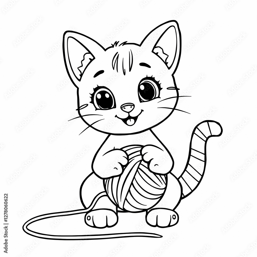 Obraz premium Cute Cartoon Kitten Holding Yarn Ball Black and White Line Drawing Playful Cat Coloring Page Kawaii Style Children's Book Illustration