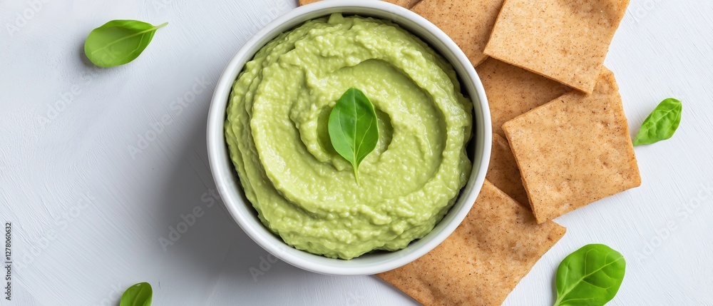 Obraz premium White bowl filled with a creamy green dip. the dip appears to be made with avocado and has a smooth texture. it is garnished with a single green basil leaf on top.
