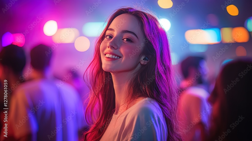 A crowd dancing under glowing lights at a music festival, colorful stage A crowd dancing under glowing lights at a music festival, colorful stage