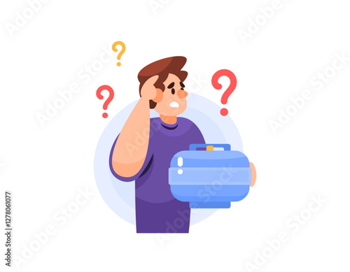 illustration of a man who is confused to exchange a gas cylinder. a boy has difficulty getting gas for cooking. the problem of scarce goods. flat style character design. elements