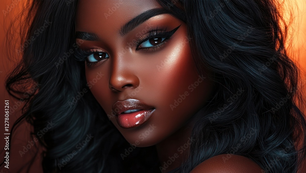 A close-up portrait of a beautiful black woman with long shiny hair and make-up . Haircare, beauty and cosmetics concept. A close-up portrait of a beautiful black woman with long shiny hair and make-up . Haircare, beauty and cosmetics concept.
