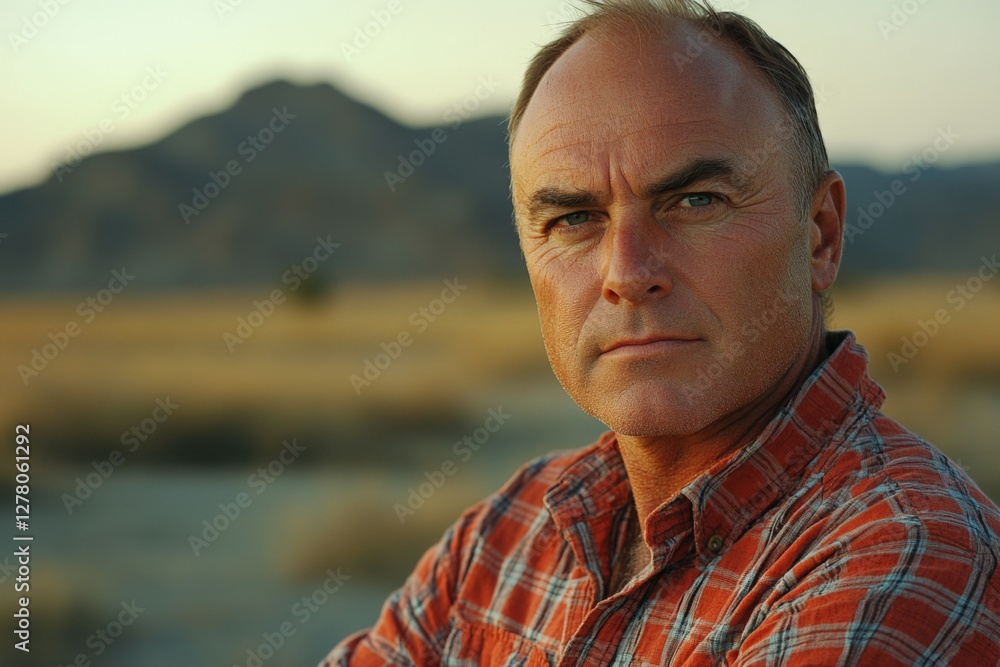Confident man gazes into the distance against a backdrop of mountains at sunset in a serene landscape Confident man gazes into the distance against a backdrop of mountains at sunset in a serene landscape