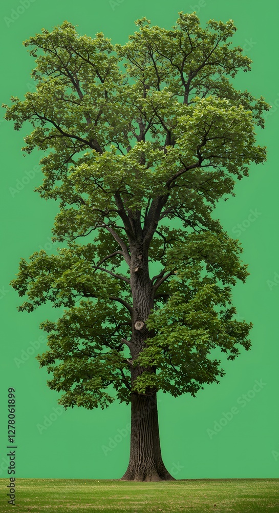 Fototapeta premium Majestic Green Tree with Lush Foliage Against Isolated Green Background
