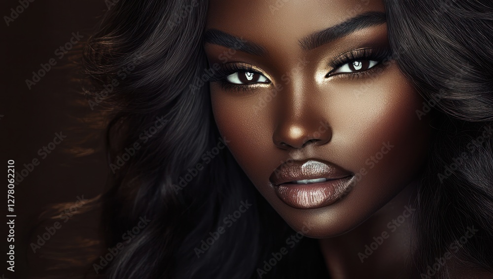 Fototapeta premium A close-up portrait of a beautiful black woman with long shiny hair and make-up . Haircare, beauty and cosmetics concept.