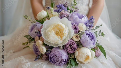 Lovely bridal bouquet of peonies and purple flowers held by a bride in a wedding dress at a spring wedding expo