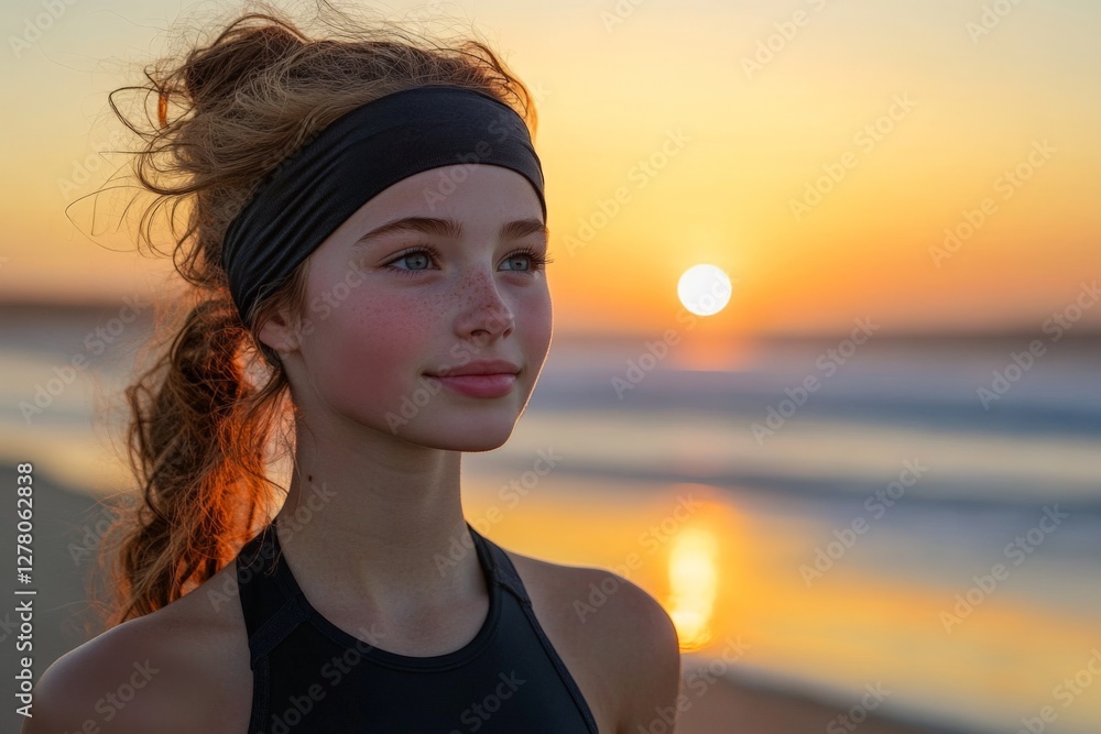 Young girl enjoying a sunset on a beach while wearing a headband and looking serene and contemplative Young girl enjoying a sunset on a beach while wearing a headband and looking serene and contemplative