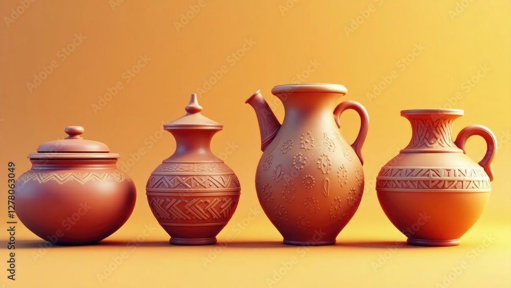 Collection of Ornate Terracotta Pottery Jars Pitcher and Lidded Pot Collection of Ornate Terracotta Pottery Jars Pitcher and Lidded Pot