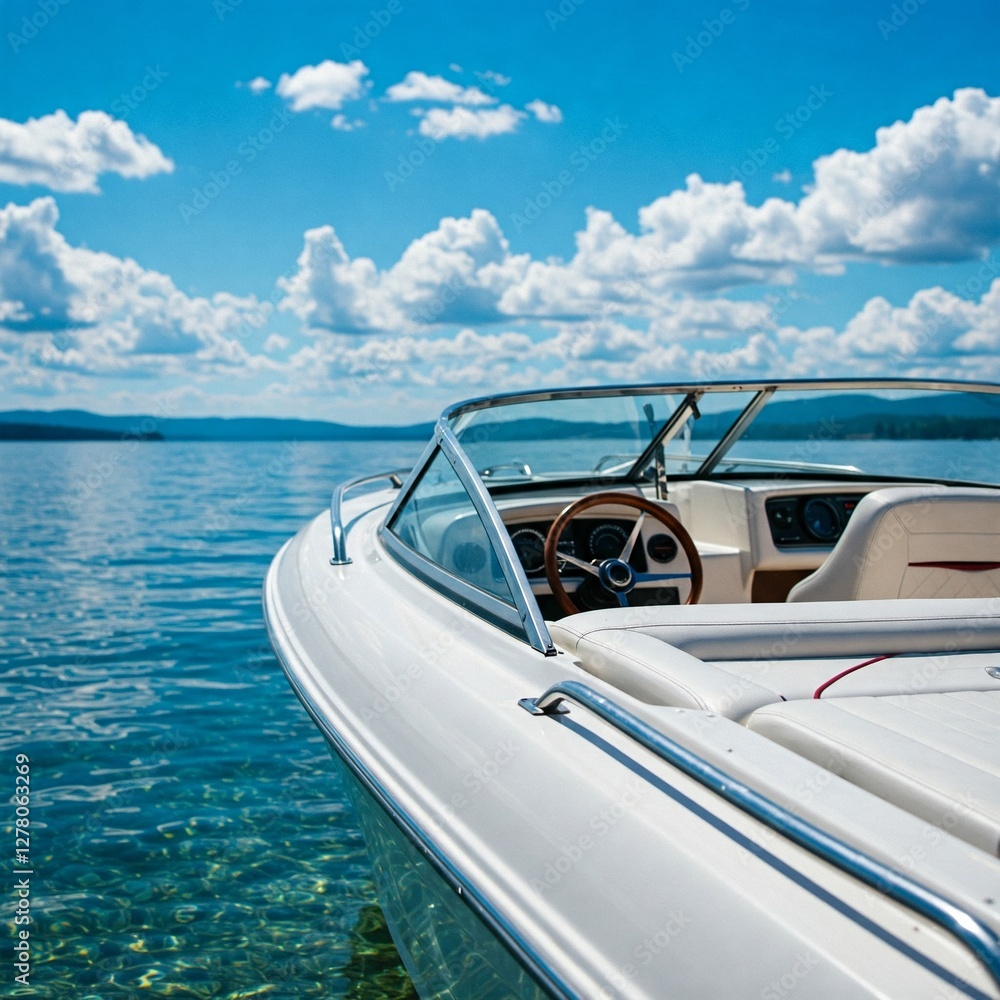 Fototapeta premium close-up of a speedboat resting beside a serene lake under a bright sky.