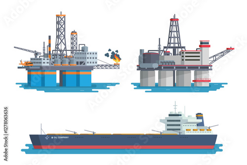 Vector Illustration of Offshore Oil Rig Bundle with Tanker Ship, Flat Style Design and Fully Editable.