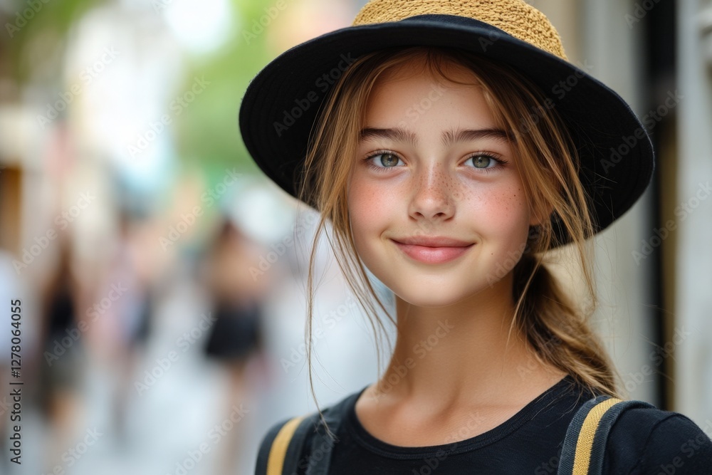 Smiling girl wearing a black hat enjoys a sunny day on a busy street filled with people Smiling girl wearing a black hat enjoys a sunny day on a busy street filled with people