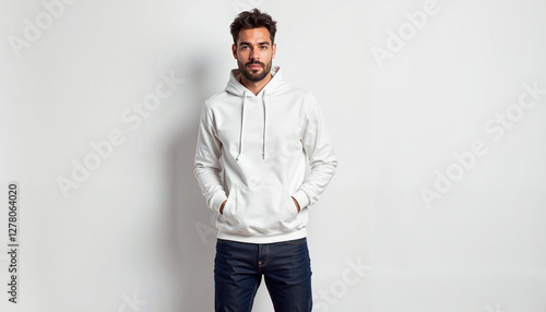 Wallpaper Mural A studio hoodie mockup featuring a male model standing against a plain background. The hoodie’s blank design allows for clear and professional presentation of logos, branding, or apparel graphics. Torontodigital.ca