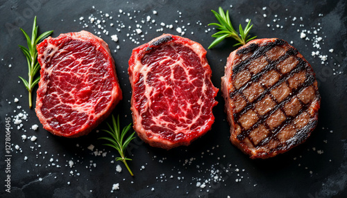 Three beef steaks at different doneness levels, presented with gourmet touches for culinary promotions.

