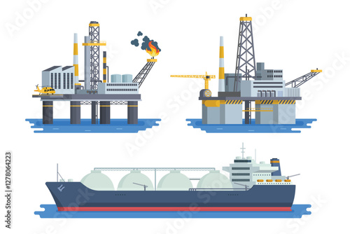 Vector Illustration of Offshore Oil Rig Bundle with Tanker Ship, Flat Style Design and Fully Editable.