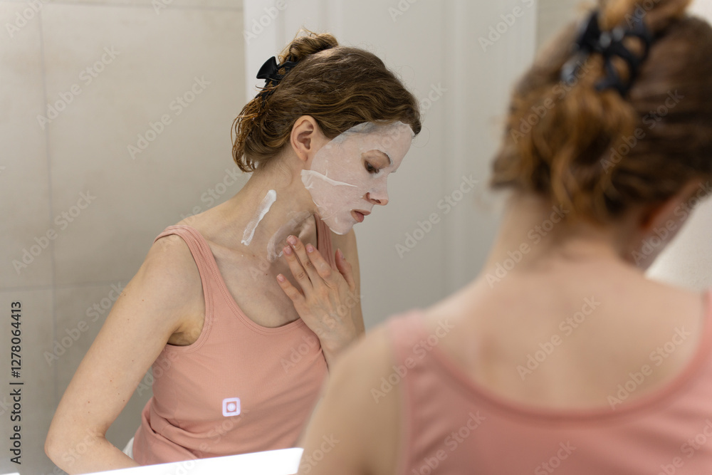 Fototapeta premium A woman in a pink tank top is applying a white cosmetic face mask in the bathroom. apply an anti-aging cream to her neck and décolleté. Self care, beauty routine, morning routine, natural, no make up