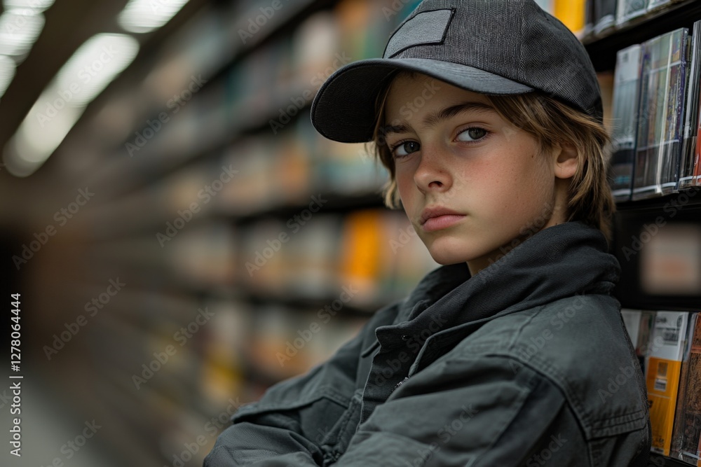 Young boy in cap poses thoughtfully in a modern library aisle surrounded by books and colorful spines Young boy in cap poses thoughtfully in a modern library aisle surrounded by books and colorful spines