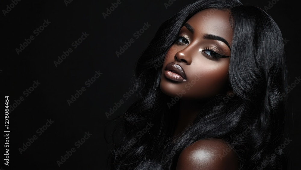 A close-up portrait of a beautiful black woman with long shiny hair and make-up . Haircare, beauty and cosmetics concept. A close-up portrait of a beautiful black woman with long shiny hair and make-up . Haircare, beauty and cosmetics concept.