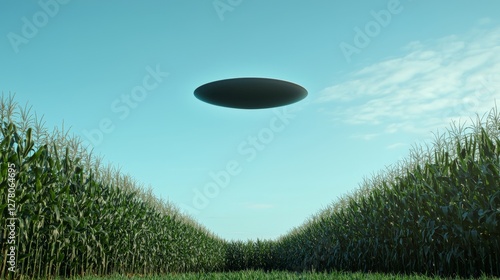 Mysterious Black Disk UFO Hovering Over Cornfield Against Clear Sky
