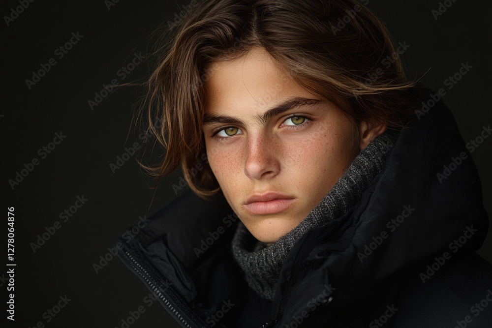Young model with striking green eyes poses in dark attire against a neutral backdrop showing natural beauty and confidence Young model with striking green eyes poses in dark attire against a neutral backdrop showing natural beauty and confidence