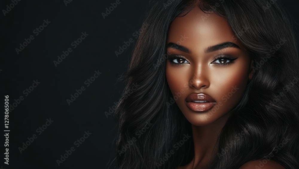 Fototapeta premium A close-up portrait of a beautiful black woman with long shiny hair and make-up . Haircare, beauty and cosmetics concept.