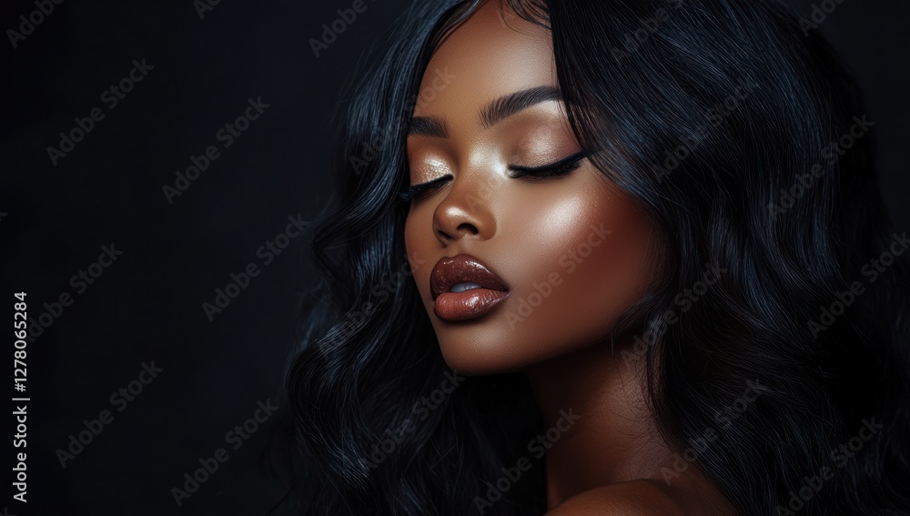 Fototapeta premium A close-up portrait of a beautiful black woman with long shiny hair and make-up . Haircare, beauty and cosmetics concept.