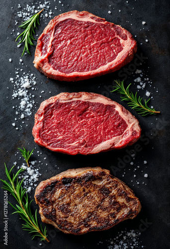Three beef steaks at different doneness levels, presented with gourmet touches for culinary promotions.

