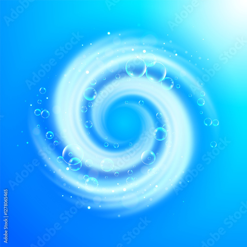 Washing and cleaning effect. Spinning blue vortex with air bubbles. Laundry spiral in motion. 