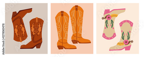 Cowboy boots. Different ornaments. Wild West Clipart icons. Hand drawn colored Vector set. Elements are isolated .Cowboy western theme, wild west, Texas. Sheriff Horse Ranch . Hand drawn illustration