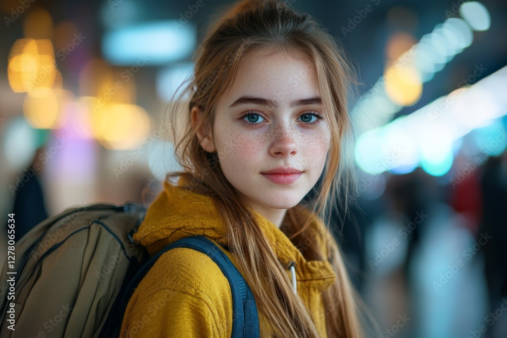 Portrait of a young girl with freckles in a bustling urban setting during evening hours Portrait of a young girl with freckles in a bustling urban setting during evening hours
