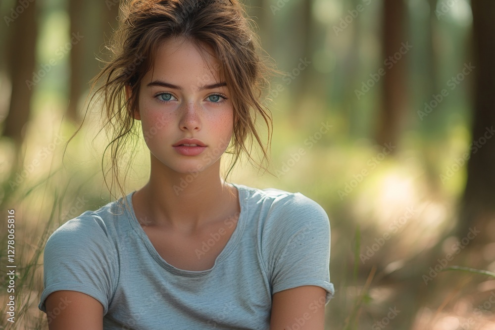 Young woman with blue eyes sitting in a forest during late afternoon, showcasing natural beauty and tranquility Young woman with blue eyes sitting in a forest during late afternoon, showcasing natural beauty and tranquility