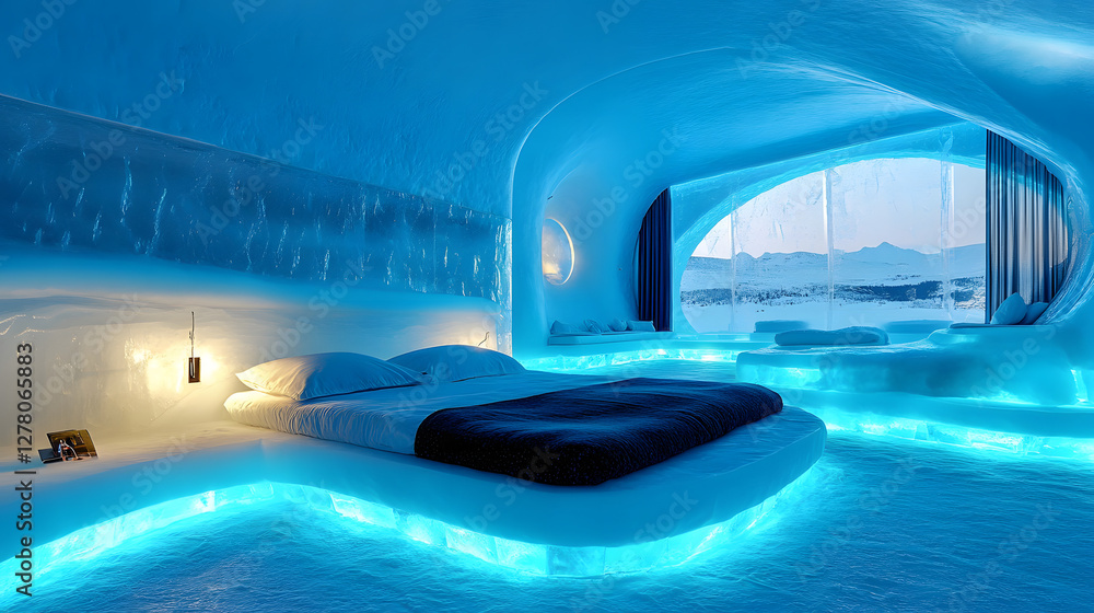 Fototapeta premium Futuristic living space with glowing blue accents, modern design, ocean view, serene atmosphere, ideal for relaxation.