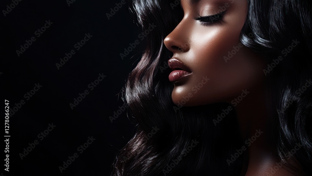 A close-up portrait of a beautiful black woman with long shiny hair and make-up . Haircare, beauty and cosmetics concept. A close-up portrait of a beautiful black woman with long shiny hair and make-up . Haircare, beauty and cosmetics concept.