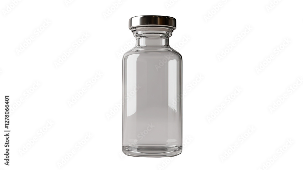 A transparent glass bottle with a classic cylindrical shape and a metal screw-on lock lid. The bottle is isolated on a transparent background, showcasing its clarity and