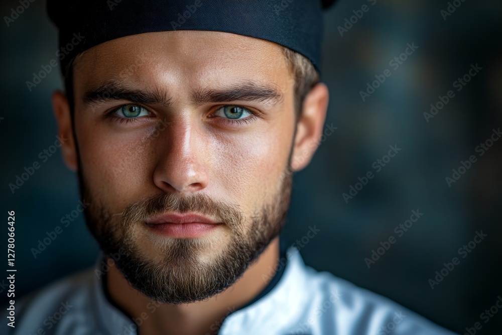 Young male chef in a kitchen, focused and ready to create culinary delights for guests and patrons Young male chef in a kitchen, focused and ready to create culinary delights for guests and patrons