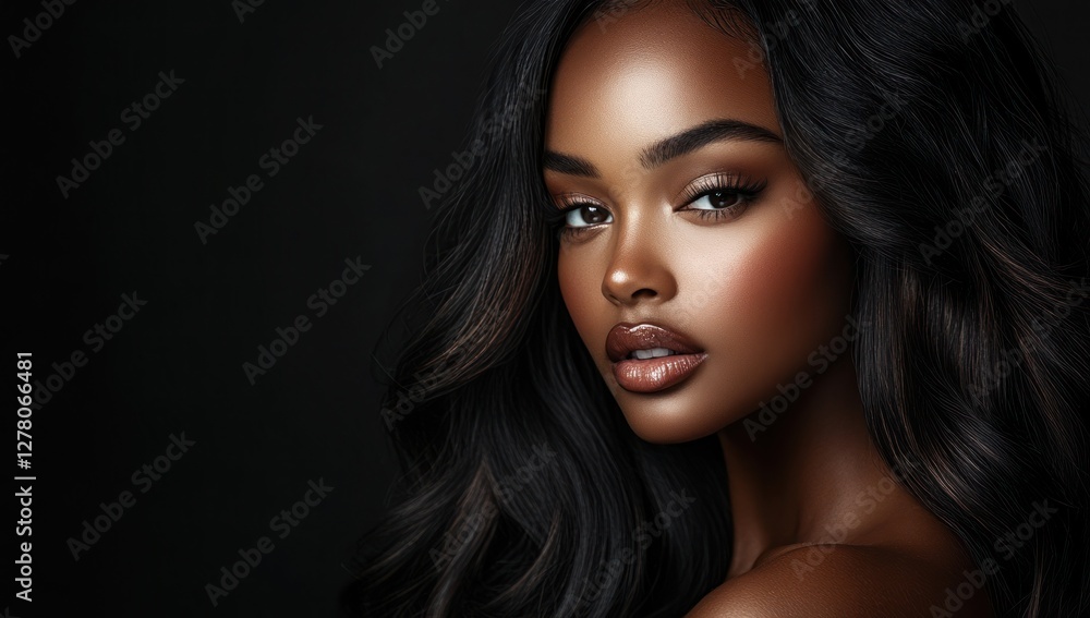 Fototapeta premium A close-up portrait of a beautiful black woman with long shiny hair and make-up . Haircare, beauty and cosmetics concept.