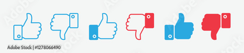 Set of thumbs up and down vector icons in red and blue. Hand thumbs up like or yes and no like or no symbols for apps and websites. Vector illustration