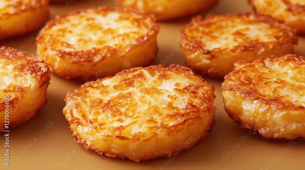 Golden-Brown Crispy Potato Hash Browns, Close-Up View of Delicious Fried Potato Patties Golden-Brown Crispy Potato Hash Browns, Close-Up View of Delicious Fried Potato Patties