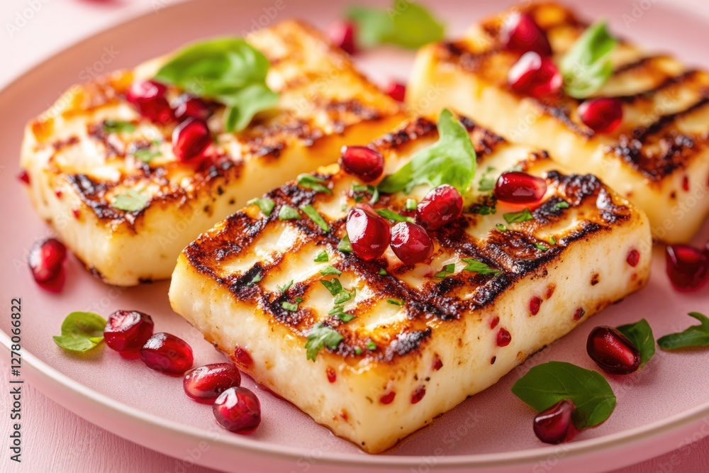 Grilled Halloumi Cheese with Pomegranate Seeds and Basil Grilled Halloumi Cheese with Pomegranate Seeds and Basil