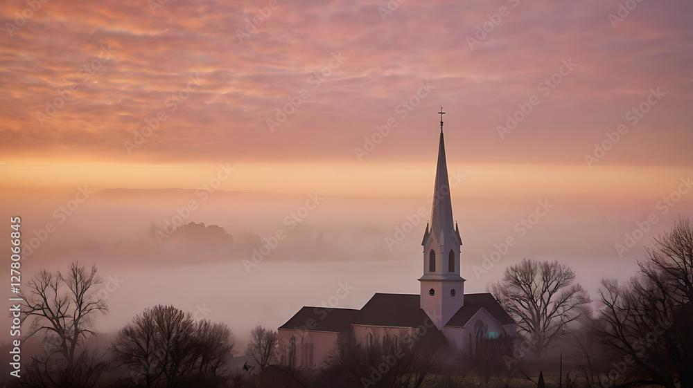 Enchanting church steeple at sunrise, shrouded in mist, serene atmosphere for Easter reflection Enchanting church steeple at sunrise, shrouded in mist, serene atmosphere for Easter reflection