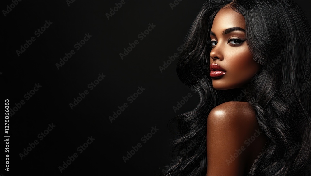A close-up portrait of a beautiful black woman with long shiny hair and make-up . Haircare, beauty and cosmetics concept. A close-up portrait of a beautiful black woman with long shiny hair and make-up . Haircare, beauty and cosmetics concept.