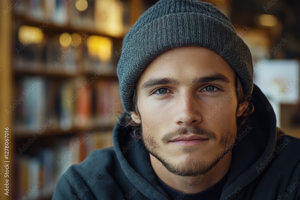 Young man in casual attire with a beanie looks thoughtfully at the camera inside a cozy library setting Young man in casual attire with a beanie looks thoughtfully at the camera inside a cozy library setting